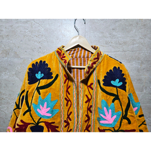 Chaqueta de Terciopelo Bordada a Mano para Mujer, Diseño Floral, Estilo Prairie Chic, Manga Larga, Abrigo de Primavera, Amarillo - Product Image 4