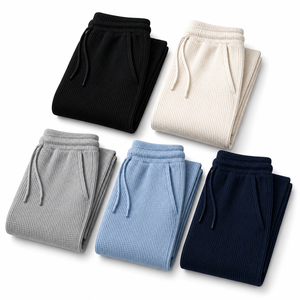 Men's Dark Blue Casual Waffle Jogger <b>Trousers</b> <b>Elastic</b> <b>Waist</b> Drawstring 100% Cotton Cuffs Ribbed Texture Plain Dyed OEM Service - Product Image 6