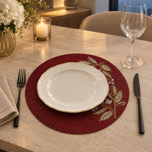 Burgundy Embroidered <b>Glass</b> Beaded Round Modern <b>Heat</b> <b>Resistant</b> Placemat | Handcrafted Floral Table Mat Dining Decor Elegant - Product Image 3