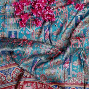 Tissu jacquard brodé bleu aqua avec motif floral et bordure éléphant pour écharpes et châles pour femmes, garçons et filles - Product Image 4