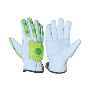 Gants de travail en cuir PU blanc avec embouts et paume antidérapants verts, poignet élastique, gants de sécurité polyvalents - Product Image 1