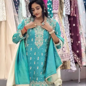 Conjunto de Salwar Kameez de Seda Chinon de Alta Calidad con Bordado de Lentejuelas, Diseño de Última Moda, para Bodas, Fiestas y Diwali - Product Image 1