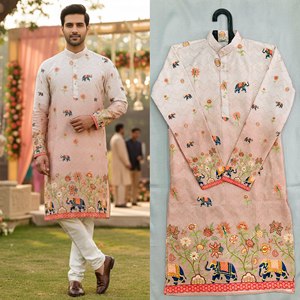 Kurta Floral Reversible de Secado Rápido para Hombre, Estilo Tradicional Indio/Pakistaní, para Bodas y Fiestas, Corte Regular, Largo hasta la Rodilla, de Algodón - Product Image 4