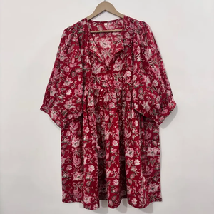 Vestido Midi Informal para Mujer, 100% Algodón Tejido, Estampado Floral Liso/Sólido, Detalles Estructurales, Manga Corta, Cintura Imperio, Estilo Babydoll - Product Image 1