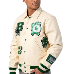 Cream Varsity <b>Jacket</b> With Green Embroidered Patches And Button Closure Regular Fit Full Sleeve Turn-down Collar - Product Image 1