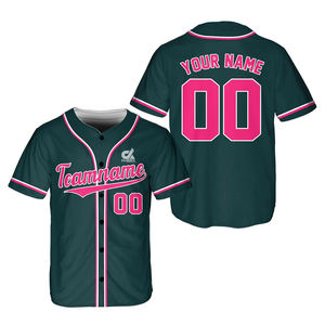 Maillot de baseball personnalisé vert foncé et rose pour homme, uniforme d'équipe boutonné, chemise de sport respirante en polyester, nom et numéro personnalisés - Product Image 1