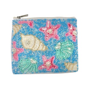 Seashell Starfish Beaded Handmade Zipper Closure <b>Cute</b> Coin <b>Purse</b> Coastal Beach Blue Mini Clutch Nautical Wedding Gift Summer - Product Image 2