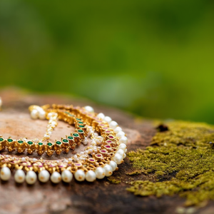 24K Gold Plated Bridal Earring Set-Designer Clover Champaswaralu with Pearls - Product Image 3