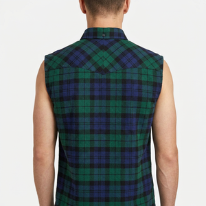 Custom Logo Green <b>Blue</b> Black Pattern Sleeveless Plaid <b>Flannel</b> <b>Shirt</b> Button Down Collar Casual Cotton Top Autumn Wear Men's <b>Shirt</b> - Product Image 2