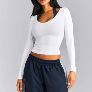 Venta de Fábrica: Camiseta Deportiva de Yoga para Mujer, Cuello Ancho, Corte Recortado, Manga Larga, Material Acanalado, Alta Elasticidad, para Verano - Product Image 1