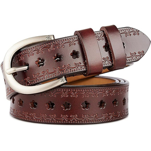 Cinturón de Cuero Genuino Occidental, Piel de Vaca con Bordado Floral, Hebilla Plateada, Casual, Resistente, 2.8cm de Ancho - Product Image 1