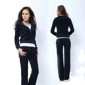 Factory Direct Women's Velvet Fabric Body Fit Blank Track Suit Long Pants & Zipper Top Survetement Velour Ribbed Cuff Sweat Suit - Product Image 1