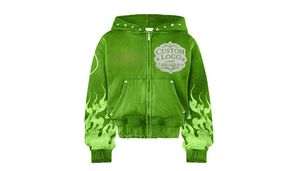 Sweat à capuche style urbain imprimé flamme verte, fermeture éclair, coupe oversize et carrée, broderie vieillie, délavage vintage, strass, épaules tombantes - Product Image 2