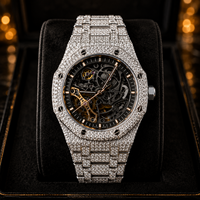 Montre Homme Luxe Classique Hip-Hop en Argent, Cadran Noir Squelette, Boîtier à Vis, Quartz Citizen, Entièrement Sertie de Diamants Moissanite VVS