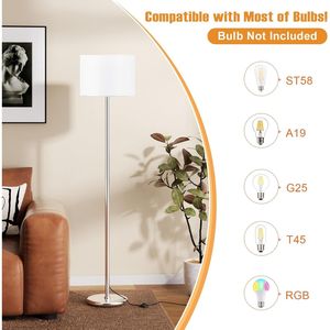 60 Modern White Shade <b>Silver</b> Pole Floor <b>Lamp</b> Tall <b>Lamps</b> for Living Room Bedroom Office Dining Room Without - Product Image 3