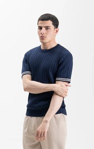 Camiseta de manga corta de punto acanalado azul marino para hombre, cuello redondo, corte regular, ribete en contraste, estilo casual - Product Image 3