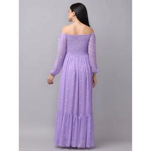 Vestido Maxi Lavanda para Mujer con Hombros Descubiertos, Manga Larga, Cintura Fruncida y Estampado de Puntos, Vestido Casual para Fiesta - Product Image 4