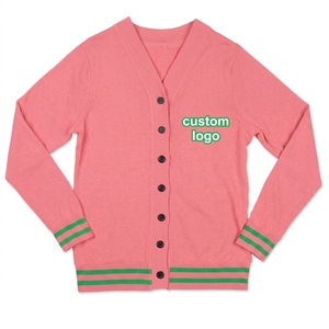 Cárdigan de punto con cuello en V, rosa y verde, con logotipo personalizado, para mujer, informal, de manga larga, color sólido, de algodón transpirable para invierno. - Product Image 1