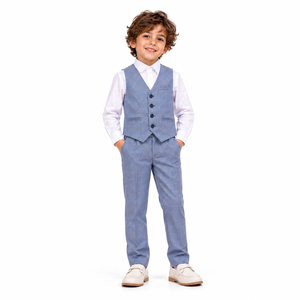 Conjunto de Uniforme Escolar Académico a Cuadros Azul Claro para Niños, Camisa Blanca de Poliéster, Chaleco y Pantalones, Ropa Escolar Formal - Product Image 1
