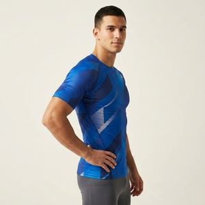 Men's Blue Geometric Pattern Short Sleeve Compression T-Shirt O-Neck Quick Dry Slim Fit Sporty Workout Apparel - Product Image 5