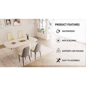 Tavolo da Pranzo in Stile Moderno Medievale da 160 cm in MDF Color Crema con Set di 4 Sedie da Pranzo in PU, Piano in Metallo Nero e Gambe in Metallo - Product Image 6