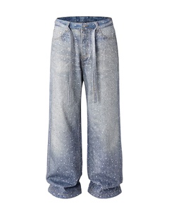 Style personnalisé Jeans en denim vert pour hommes Pantalon baggy pour hommes à jambe large en coton à design empilé à jambe droite - Product Image 1