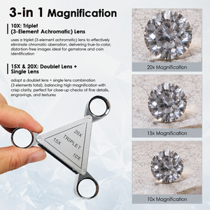 Loupe de bijoutier professionnelle 10X 15X 20X, corps en cuivre chromé, loupe de poche pliable à trois volets avec étui - Product Image 4