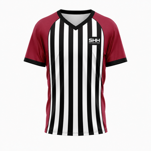 Maillot d'arbitre personnalisé pour homme, noir et blanc rayé, manches contrastées rouges, col en V, manches courtes, maillot de performance pour arbitres de basketball - Product Image 1