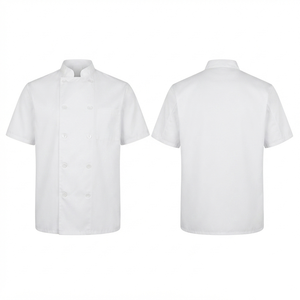 เสื้อเชฟพรีเมียม 200 GSM ผ้าโพลีคอตตอนทอ ทรงยูนิเซ็กซ์ สีขาว กระดุมสองแถว แขนสั้น พิมพ์ลายซิลค์สกรีน ชุดยูนิฟอร์มสั่งทำพิเศษ - Product Image 2