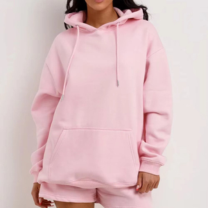Conjunto de sudadera y pantalón corto de forro polar holgado de 2 piezas para mujer, ropa oversize, personalizable con marca. - Product Image 4
