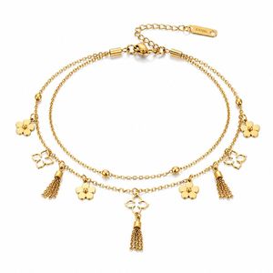 Tobillera de acero inoxidable de doble capa con diseño de flores estilo boho para mujer, tobilleras boho - Product Image 1