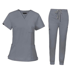 Uniforme Médico Personalizado con Cuello en V, Color Gris, Unisex, Manga Corta, Uniforme de Enfermería, Algodón y Poliéster, Ropa de Trabajo para Hospital - Product Image 1