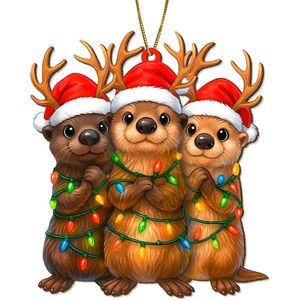 Decorazioni natalizie in legno stampate su due lati, divertenti ornamenti a forma di lontre, souvenir animali da appendere all'albero - Product Image 1