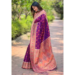 Original <b>Purple</b> Meenakari Yeola Paithani Silk Zari Woven <b>Saree</b> Elegant Evening Dress - Product Image 1