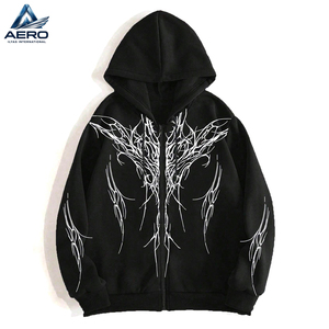 Sudadera con capucha y cremallera para hombre, diseño gráfico con estampado de líneas, estilo gótico Y2K, cremallera completa, forro polar grueso. - Product Image 1