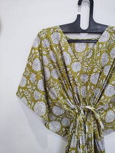 Robe Kaftan pour femmes en coton 100% à imprimé floral, dentelle lavable, coupe ample, longueur genoux, été - Product Image 2