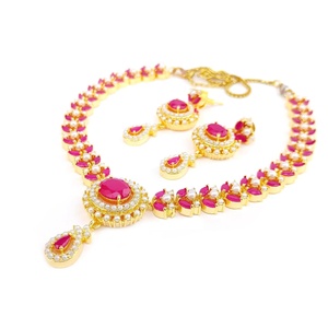 Indian 22K Gold Plated <b>Ruby</b> Pearl Long <b>Necklace</b> Imitation Jewelry Set Vintage Bridal Haram Wedding Engagement Jewelry Rajasthan - Product Image 1