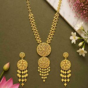ชุดเครื่องประดับทองชุบไมครอน 14K/18K/24K แบบขายส่ง สร้อยคอยาวพร้อมต่างหู ดีไซน์แบบดั้งเดิมสไตล์ดูไบ สำหรับงานแต่งงานและงานเลี้ยง - Product Image 2