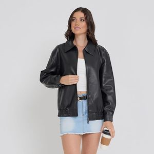 Women's Black PU Leather Bomber Jacket With <b>Zipper</b> Closure Turn Down Collar Full Sleeve Autumn Style - Product Image 3