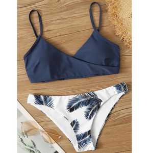 Women's <b>Bikini</b> <b>Set</b> Crossed Halter Top <b>White</b> Palm Print Cheeky Bottom Spandex Polyester Stretch Swimwear - Product Image 1