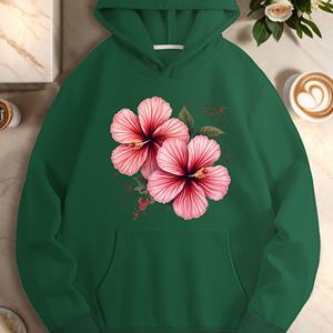 Sudadera con Capucha Casual para Mujer, Estampado Floral de Hibisco Rosa, 100% Poliéster Tejido, Sudadera de Verano con Bolsillos - Product Image 4