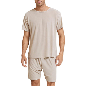 Men's Casual Short Sleeve Terry Pyjamas <b>Set</b> Soft Summer Neck T-Shirt Pockets Shorts Solid Breathable Sleepwear 100% Organic - Product Image 1