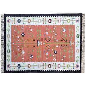 Alfombra tradicional de algodón Kilim Dhurrie, textura de tejido plano para salas de estar animadas y pasillos, alfombras y juegos - Product Image 3