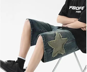 IRON MARK INDUSTRIES Y2K Short cargo en jean bleu, décontracté d'été, coupe ample unisexe, 100% Coton, effet délavé et déchiré, style Grunge - Product Image 5