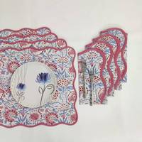Nappes de table en lin écologiques de luxe, non toxiques, motif vague carrée festonnée, épaisseur 10 mm, avec serviettes florales et bordure ondulée matelassée