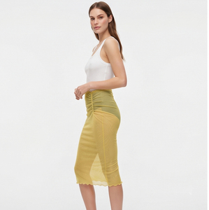 Falda de malla transparente de cintura alta para mujer, hasta la rodilla, color amarillo liso, sexy, transparente, estilo veraniego - Product Image 3