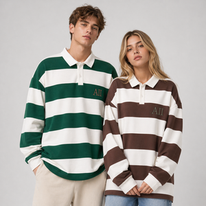 Camisetas de Rugby a Rayas Verdes, Blancas y Marrones al por Mayor, Bordado Personalizado, Fabricante de Ropa Urbana Vintage, Sudaderas con Capucha - Product Image 1