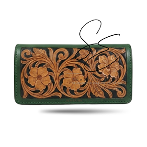SEHRAINN Leather Women Clutch Floral Embellished Vintage <b>Green</b> Wallet All Seasons Daily Use Tooled Leather Floral Design <b>Purse</b> - Product Image 1