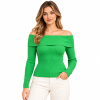 Pull côtelé pour femme en mélange de viscose, à épaules dénudées, uni, à manches longues, coupe ajustée, en maille, avec bordure à volants, haut tendance