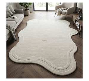 Tapis d'intérieur moderne en laine ondulée irrégulière, crème blanc, forme organique, tufté à la main, style scandinave, tapis de luxe pour salon - Product Image 2